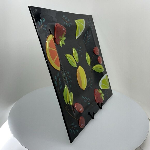 Large 14" Recessed Square Platter Vibrant Fused Glass Fruit on Black Background - Picture 8 of 9